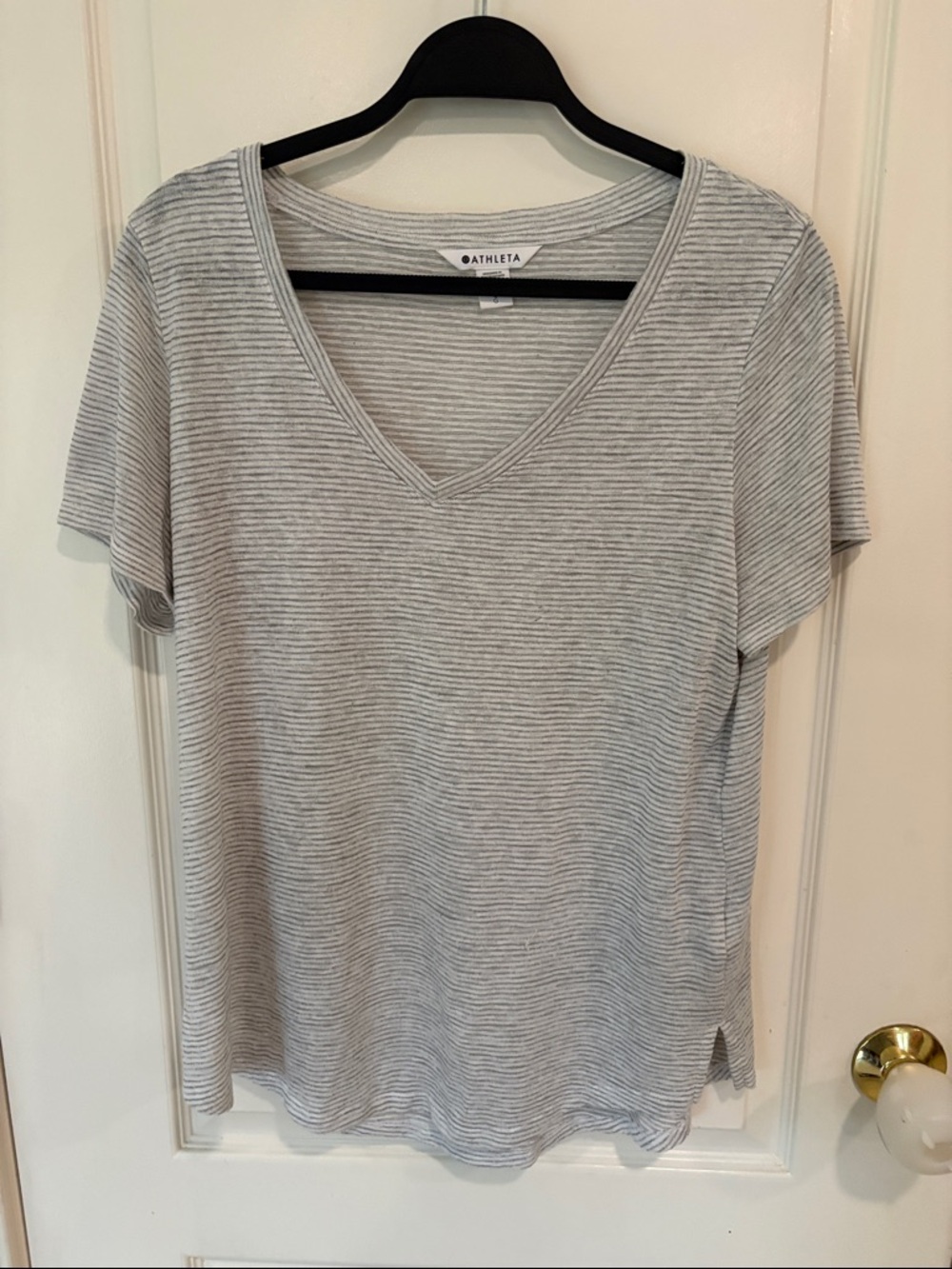 Athleta Light Gray and White Striped V-Neck Short Sleeve Tee